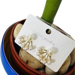 Stylish Goldplated Sunburst Doublesided Pearl Ear Jacket Faux Pearl Earrings